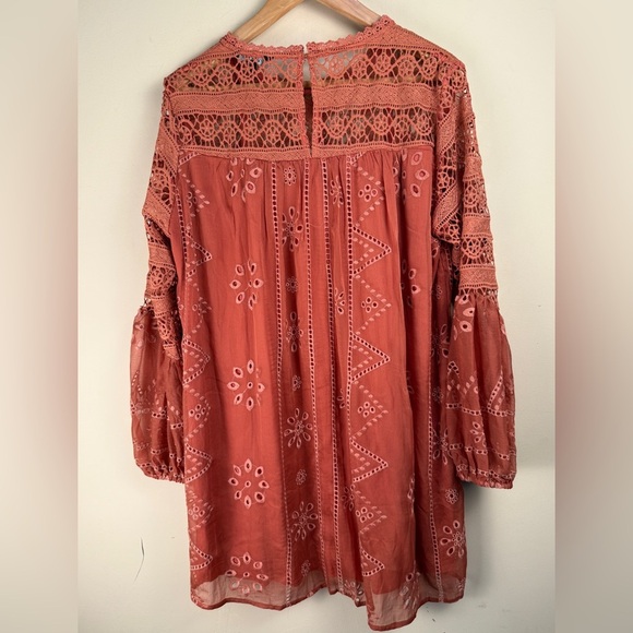 Strut & Bolt Lace Crochet Baby Doll Dress Terra Cotta Flare Sleeve LG Bohemian - Picture 2 of 13